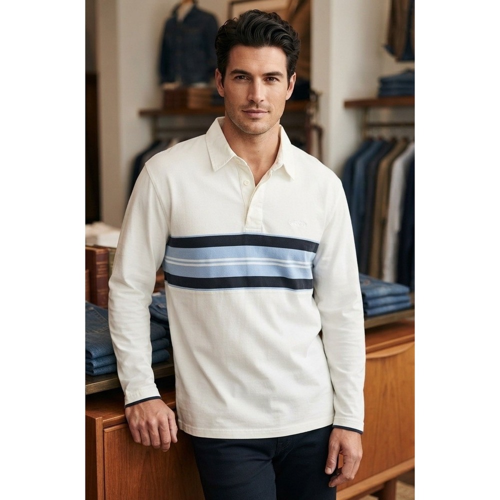 Rivers Long Sleeve Polo Shirt Striped Chest Men's XL White Cotton Preppy Casual